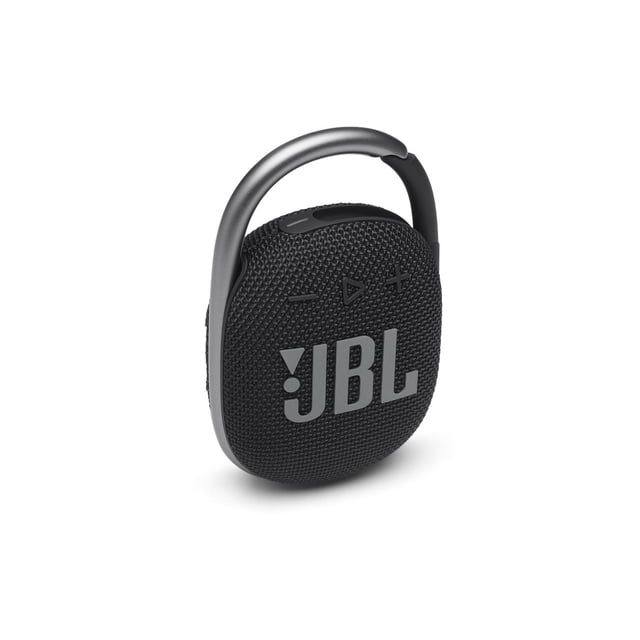 JBL CLIP 4 Ultra-portable Waterproof Speaker in black with textured fabric and integrated metal carabiner, featuring front volume and play controls, IP67 waterproof and dustproof rating, wireless Bluetooth streaming, and up to 10 hours of battery life, suitable for outdoor use and clipping to bags or belts.
