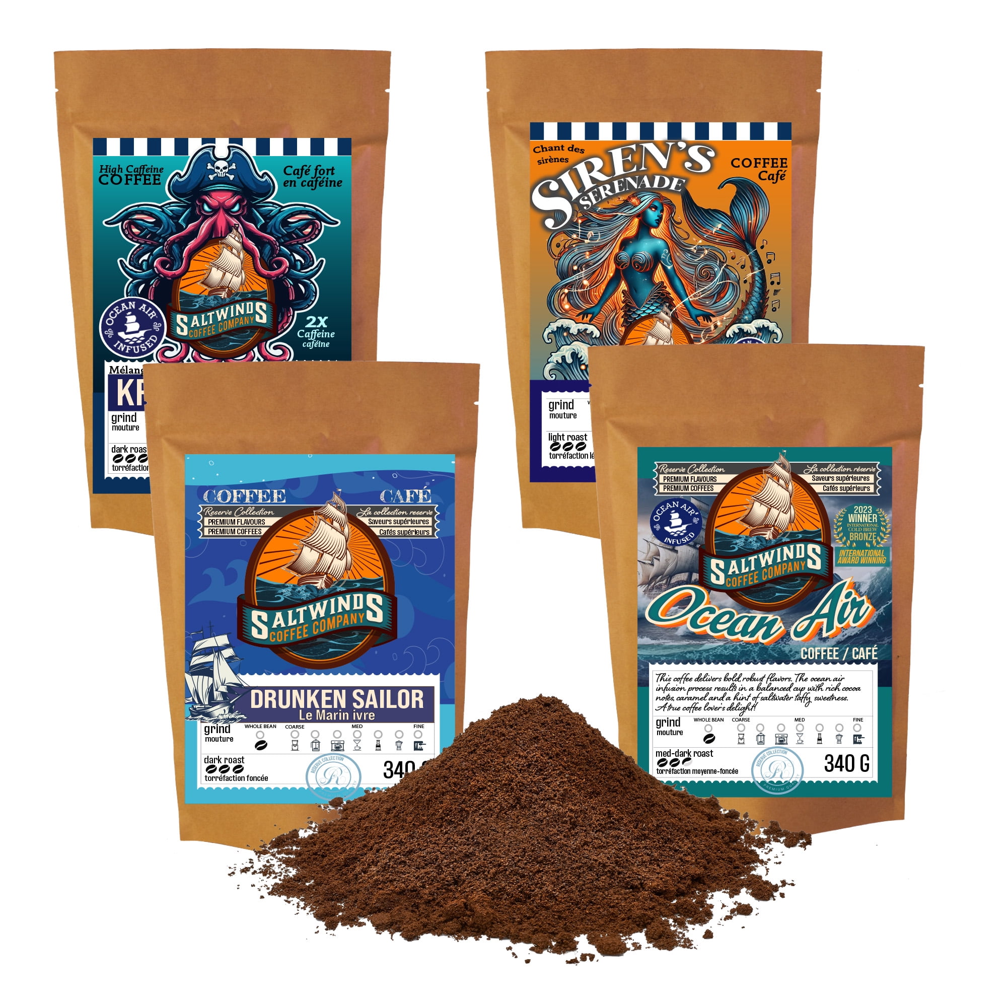 Captain's Legend Coffee Bundle- (4x340 g Ground) | Ocean Air Infused | Canadian Roasted Non-Flavoured Coffee Bundle- Light, Medium Dark, Dark, Extra Strong