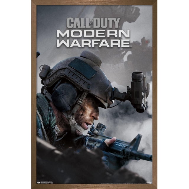 Call of Duty : Modern Warfare - Affiche Murale Multijoueur Représentant un Soldat avec Casque Tactique et Dispositif de vision Nocturne Monté Orientant un Fusil à Travers un Champ de Bataille Brumeux, Imprimée sur Papier Lustré aux Couleurs Vibrantes, Encadrée en Bois Mesurant 22,375 par 34 Pouces, Convient à la Décoration de Salle de Jeux, de Bureau Ou de Fête.