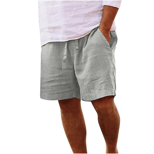 fartey Men Cotton Linen Short with Drawstring Pockets Elastic Waist Short Breathable Casual Summer Solid Color Shorts, S-5XL