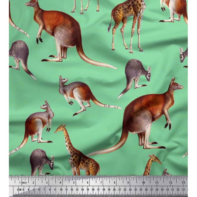 Soimoi Green Rayon Fabric Kangaroo & Giraffe Animal Print Fabric by Yard 42 Inch Wide