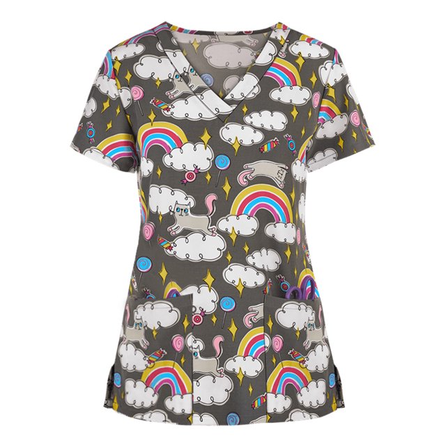 RKSTN Women Short Sleeve V-neck Tops Working Uniform Cartoon Print Blouse