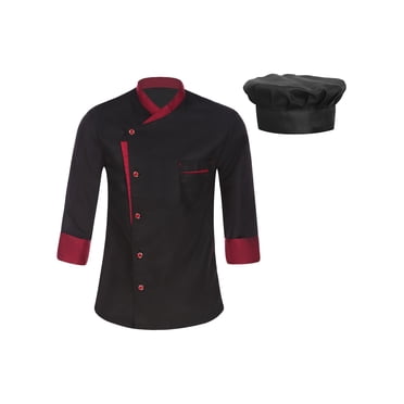Aislor Unisex Chef Coat Men's Long Sleeve Chef Jacket with Chef Hat Restaurant Kitchen Cooking Chef Top Uniform Black L
