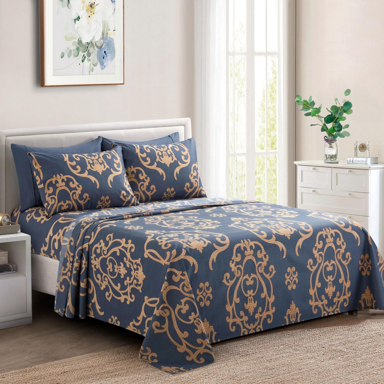 Literie Marina Décoration ultra douce et soyeuse, riche en soie et en rayonne de bambou, toutes saisons, avec taies d'oreiller, motif damassé doré et bleu marine