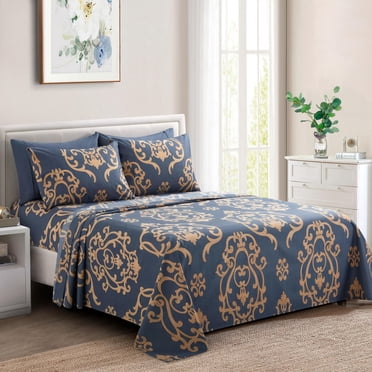 Marina Decoration Ultra Soft Silky Deep Pocket Rich Printed Bedding Rayon from Bamboo All Season Sheet Set with Pillowcases, Gold Damask Navy Blue Pattern