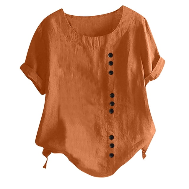 Mode Femme Été Col Rond Loisirs Manches Courtes Uni Boutons Hauts