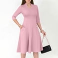 thumbnail image 2 of Robe Trapèze pour Femmes Semi-Formelle à Col en V, Manches 3/4, Couleur Unie, Robe de Travail avec Poches, Silhouette Évasée, Longueur Régulière, 2 of 9