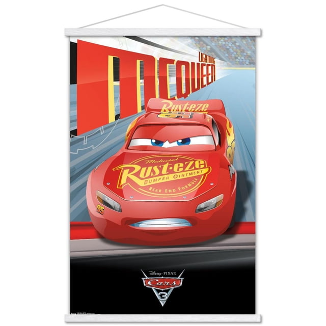 Disney Pixar Cars 3 - Lightning Wall Poster, 22.375" x 34" framed showing a centered front view of Lightning McQueen with Rust-eze bumper ointment logo on the hood, racing on a blue track with a blurred stadium crowd, ideal wall art for home décor and kids’ rooms.
