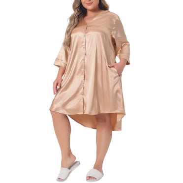 GRACE & GRANDEUR Chemise de Nuit Grande Taille pour Femmes Satin Boutonnée Manches 3/4 avec Poches 3X Champagne