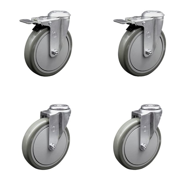 Ensemble de Roulettes Pivotantes en Polyuréthane avec Trou de Verrouillage de 4 L/6 Pouces x 1.25 Pouces Roues Grises - Inclut 2 avec Freins de Verrouillage Total - Capacité Totale de 1400 lbs - Marque Service Caster