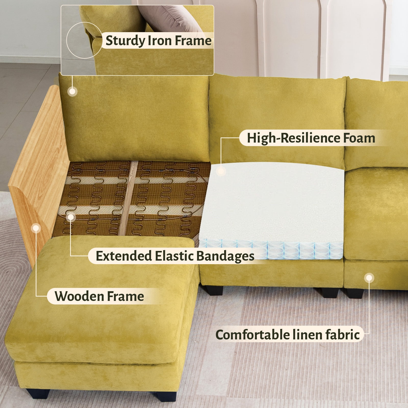 Canapé d'angle modulaire en forme de U 315 cm, 6 places, avec pouf de rangement et ports USB, jaune