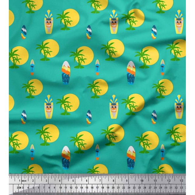Soimoi Rayon Fabric Skull,Sun & Palm Tree Nature Print Fabric by Yard 56 Inch Wide