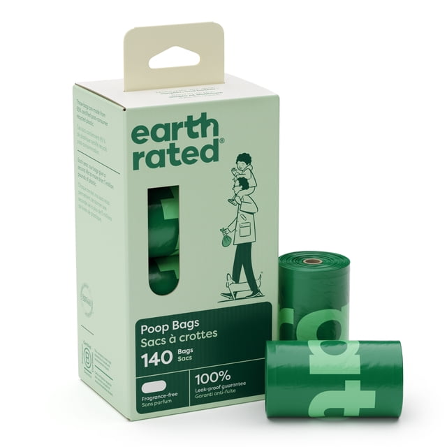 Earth Rated Fragrance-Free Leak-Proof Dog Poop Bags, 140 count on 7 single refill rolls in green packaging with a window showing the rolls inside, featuring an illustration of a person walking a dog and carrying a child, designed for durable, eco-friendly dog waste disposal during walks.