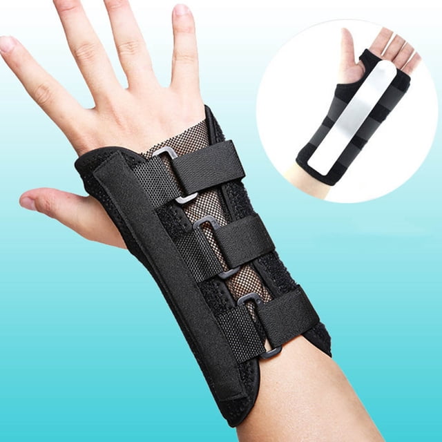 CYC une Plaque d'Acier en Matériau de Plongée Support Poignet Respirant Fracture Entorse Pression Attelle de Main Montrée sur une Main. Caractéristiques Incluant des Sangles Ajustables à Crochet et Boucle, des Ceintures Élastiques et des Bandes en Aluminium Amovibles pour la Stabilité. Support de Poignet Léger et Respirant Adapté au Traitement du Canal Carpien, des Entorse et des Blessures Sportives. Comprend des Attelles Gauche et Droite.