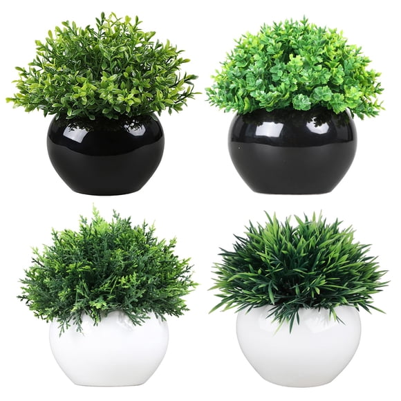 Ensemble de 4 Plantes Artificielles Réalistes en Pot – Fausse Verdure Réaliste dans d'Élégants Pots en Céramique Blancs – Décor Intérieur Parfait pour la Chambre, le Salon, le Bureau, la Salle de Bain – Présentation sur Table