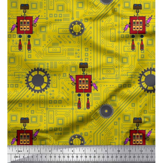 Soimoi Yellow Rayon Fabric Cartoon Machine & Gear Parts Hardware Fabric Prints By Yard 42 Inch Wide