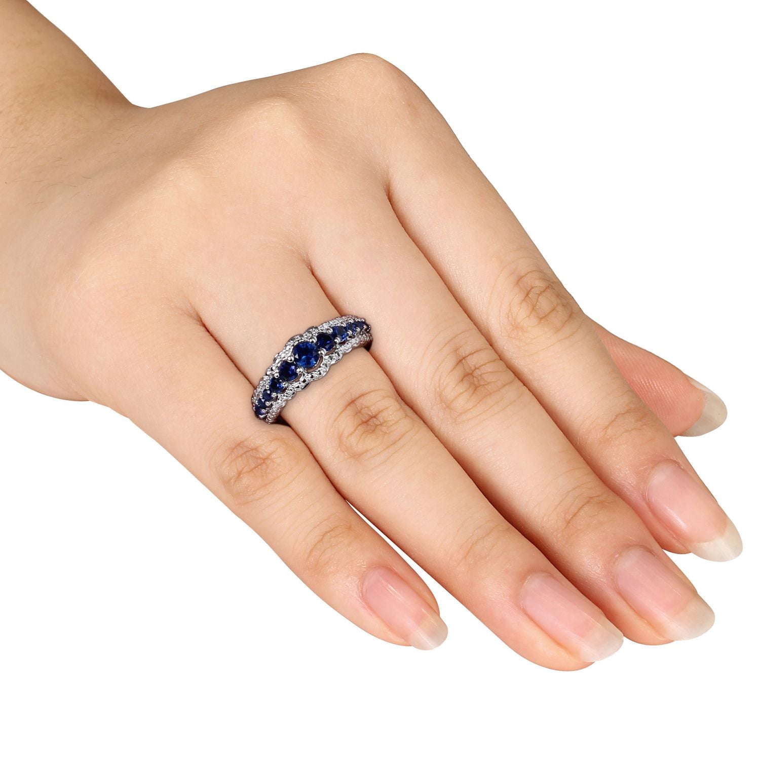 Bague Tangelo en forme semi-éternité avec saphirs bleus synthétiques 1-1/6 CT PBT en argent sterling