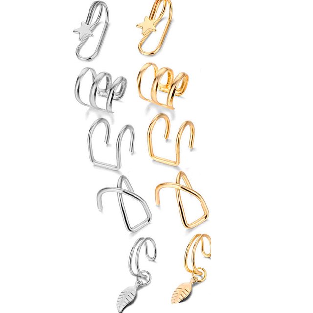 10 Pcs Boucles d'Oreilles à Clip pour Cartilage Unisexe, Manchette Étoile pour Oreilles, Boucles d'Oreilles Non Percées. un Ensemble de 10 Manchettes pour Oreilles dans des Tons Dorés et Argentés, Présentant 5 styles Uniques Incluant des Motifs Étoile, Feuille et Géométriques. Fabriqué en Cuivre durable avec des Longueurs Allant de 1,1 cm à 2,9 cm (0,43 Po à 1,14 Po). Convient aux festivals, aux Fêtes Ou au Port Quotidien.