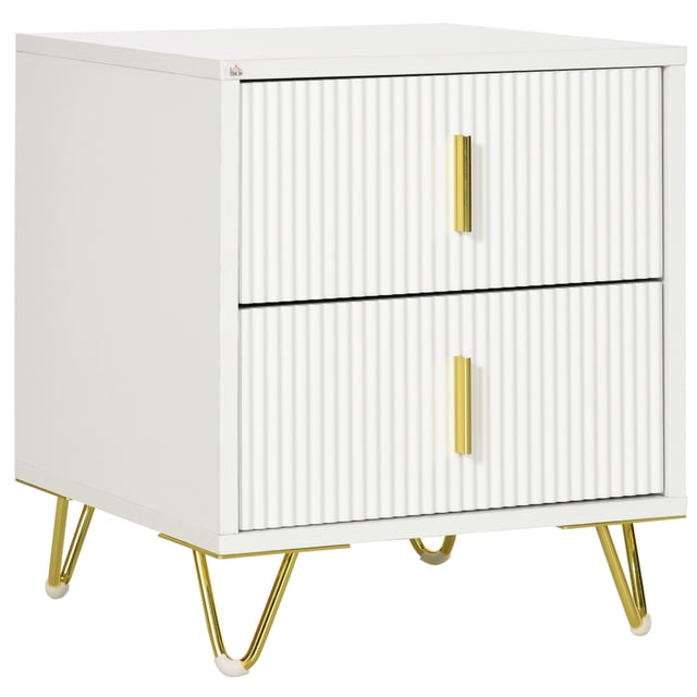 HOMCOM Nightstand, Bedside Table, Side End Table with 2 drawers featuring fluted white fronts and golden metal legs. The drawers have golden handles for easy access, and the table is supported by a sturdy metal base with anti-slip foot pads. Made from MDF and particleboard, it measures 15.7 inches in length, 15.7 inches in width, and 18.5 inches in height. Suitable for bedrooms or living areas, it offers ample storage and a melamine-coated surface for easy cleaning.