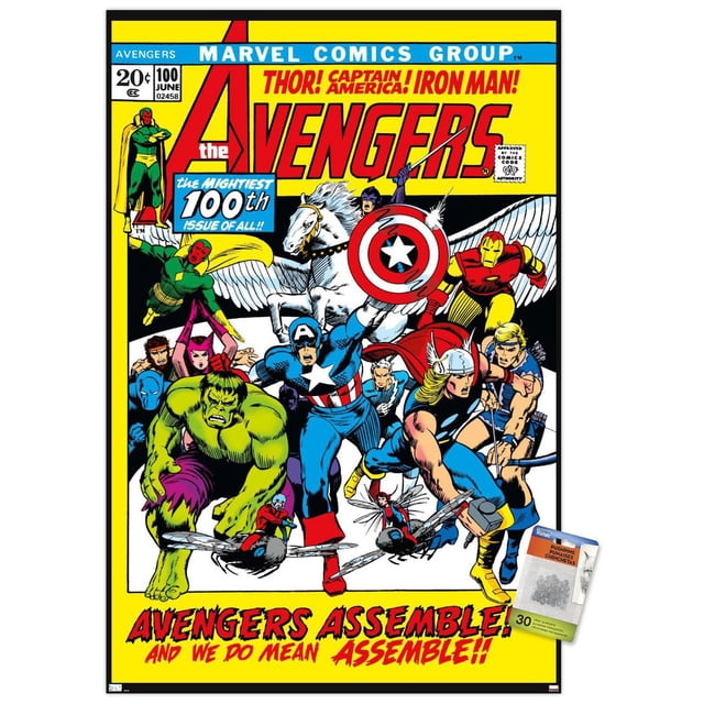 Marvel Comics - Avengers #100 Wall Poster, 22.375" x 34" featuring the classic 100th issue cover with Avengers superheroes Thor, Captain America, Iron Man, Hulk, Hawkeye, Scarlet Witch, and others in dynamic action poses on a bright yellow background. The poster includes bold red and blue text, a white winged horse, and the phrase 'Avengers Assemble! And we do mean assemble!!' at the bottom. Printed on glossy paper with a magnetic wood frame, suitable for home or office wall décor.