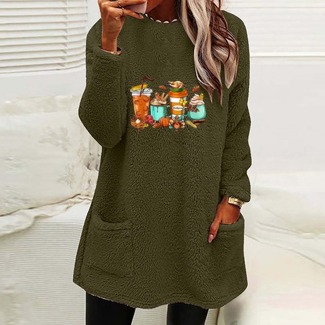 Hauts pour Femmes à Col Rond et d'Hiver Ample Imprimé avec Poche Chaude à Manches Longues Blouse Hauts Col Rond Chandail en Molleton Femmes en Liquidation