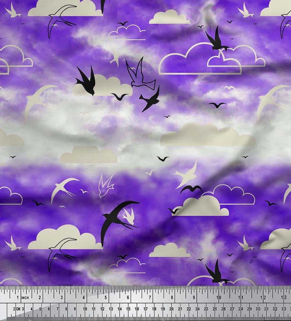 Soimoi Silk Fabric Clouds & Flying Swift Bird Printed Craft Fabric by the Yard 42 Inch Wide