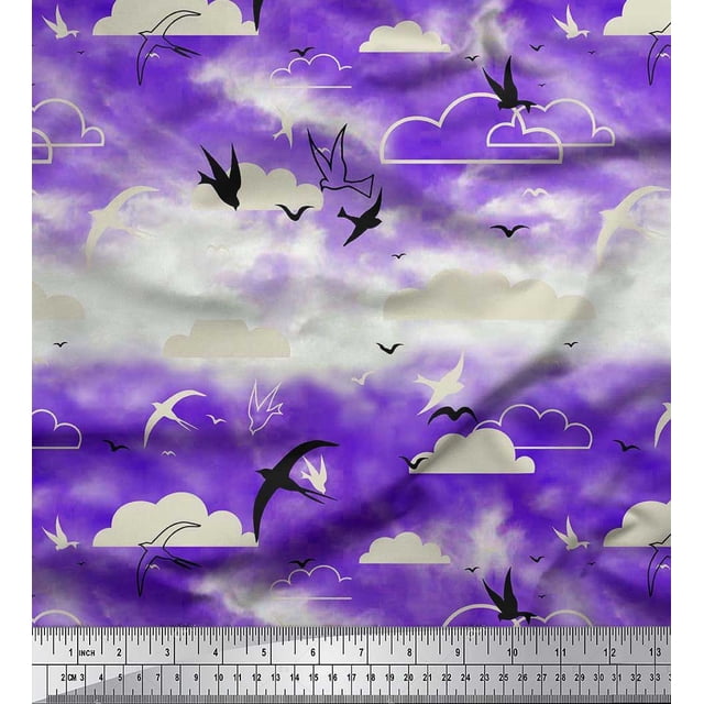 Soimoi Rayon Fabric Clouds & Flying Swift Bird Decor Fabric Printed Yard 56 Inch Wide