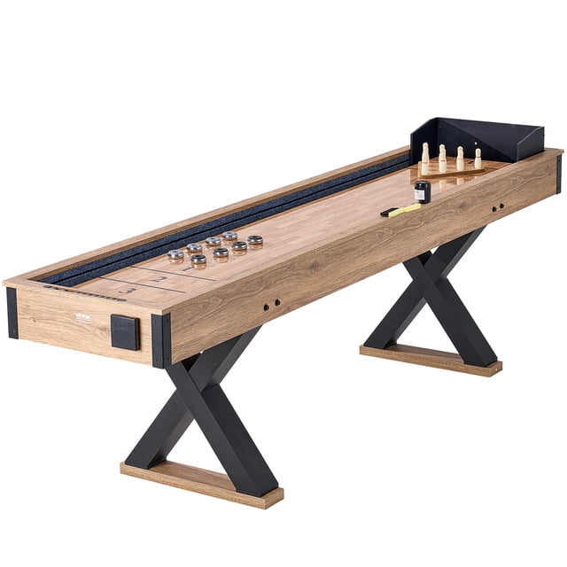 VEVOR 9 ft Shuffleboard Table 2 in 1 Shuffleboard and Bowling Combo Game Set featuring a durable MDF board construction with X-shaped legs for stability. The table includes a poly-coated, scratch-resistant playfield for smooth puck movement, built-in scoring, and two cup holders. The set comes with metal pucks, a bowling set, shuffleboard wax, and a table brush. The dual-game functionality allows for shuffleboard and bowling gameplay, making it ideal for game rooms.