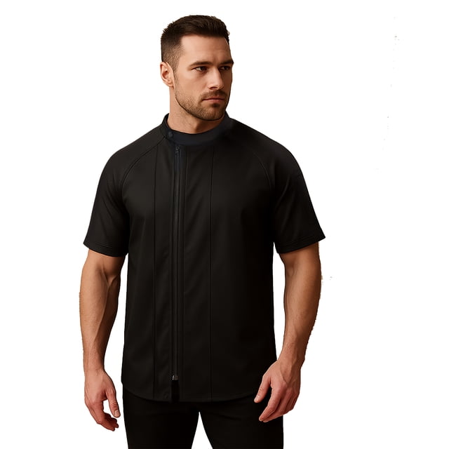 TOPTIE Veste de Chef à Manches Courtes Noire Respirante avec Fermeture Éclair Latérale Uniforme de Chef avec Maille Tricotée