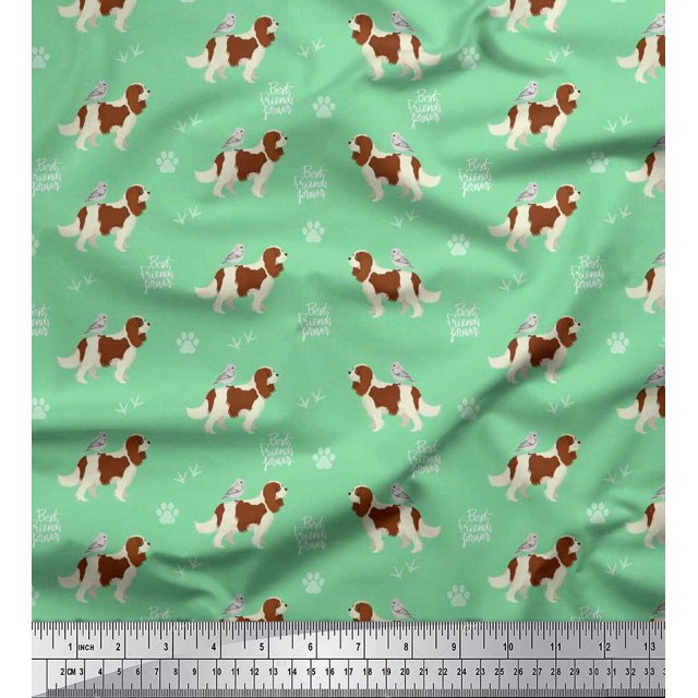 Soimoi Green Moss Georgette Fabric Bird,Paw & Cocker Spaniel Dog Print Sewing Fabric Yard 42 Inch Wide