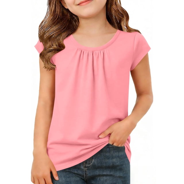 EGNMCR Children's Spring And Summer Solid Color Short Sleeves Round Neck Pleated T-shirt Top For Kids Children polyester top