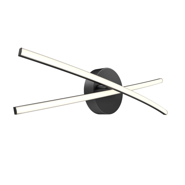 Artika Orly Integrated LED Modern Bathroom Vanity Light Fixture in matte black finish, featuring two intersecting illuminated LED bands. This wall sconce provides 1,100 lumens of adjustable brightness and offers three colour temperature options: warm, neutral, and cool white. Designed for versatile installation, it can be mounted vertically or horizontally above or beside a bathroom mirror. Integrated LED technology ensures a lifespan of up to 50,000 hours with no bulb replacements needed.
