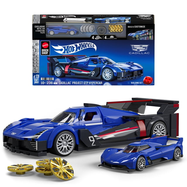 Mattel Brick Shop Hot Wheels Cadillac Project GTP Hypercar Ensemble de Construction (236 Pcs), pour Collectionneurs, Échelle 1:32, Cadillac Project GTP Hypercar à Construire en Vue 3/4 avant avec Portes Ouvrantes et aerofin; Feuille de Décalcomanie Personnalisée et Deux Ensembles de Couvre-Roues Illustrés, plus Plaque signature en Métal 1:64 Assortie à Côté du Modèle - Pièce d'Exposition de Collection Adaptée aux dioramas d'Étagère Ou de Table.