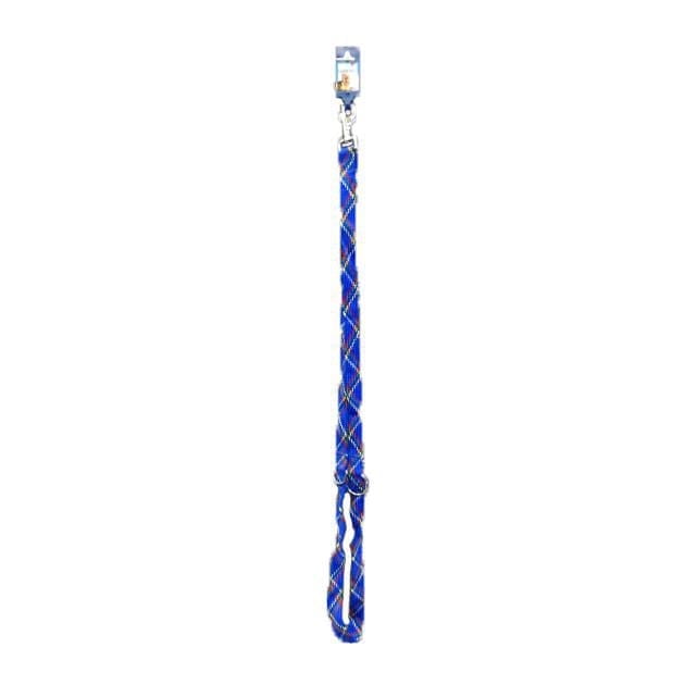 Trixie Casablanca Dog Lead in blue nylon with multi-colored woven pattern, 66 inches long and 25mm wide, featuring metal clip and multiple attachment points for leash training, shown full-length on white background.