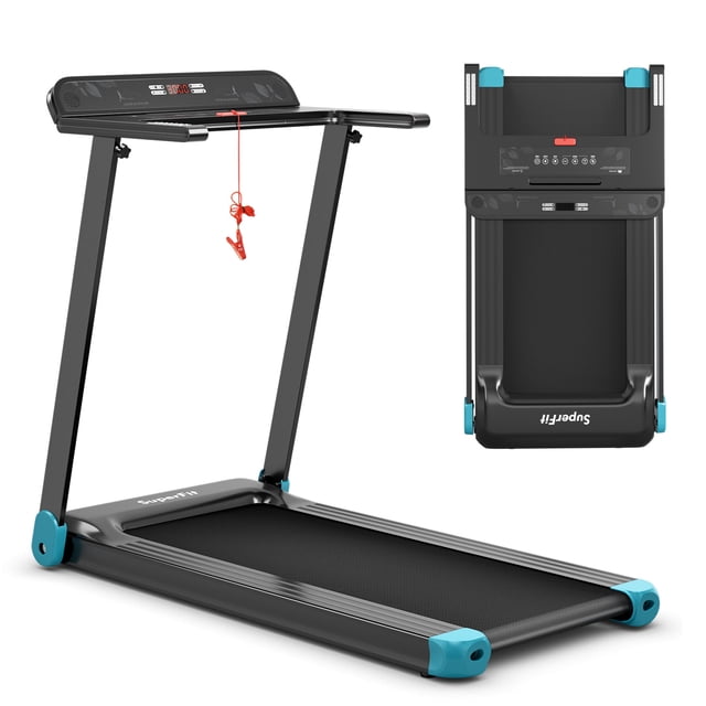 Gymax Electric Folding Treadmill Portable Cardio Running Machine w/ APP Control Blue. Compact exercise machine with a black frame and blue accents, featuring a 5-layer shockproof running belt, LED monitor for tracking time, speed, distance, calories, and heart rate. Includes a safety key, device holder, and Bluetooth connectivity for music and app control. Ideal for home fitness and foldable for easy storage.