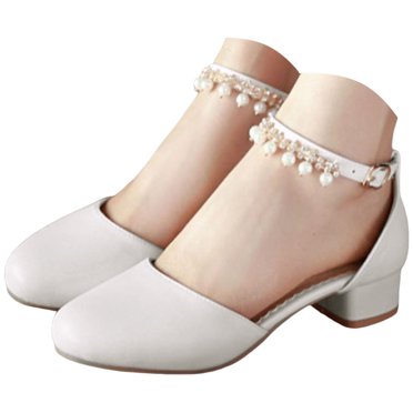 Dakaela Girls Heels Dress Shoes Kids Closed Toe Wedding Party School Pumps Pearl Ankle Strap Chunky Heel Sandals White Size 4