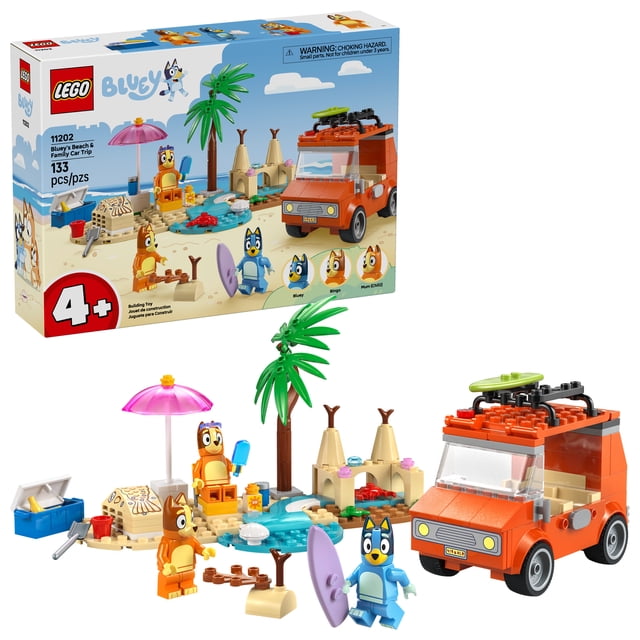 LEGO Bluey: Bluey’s Beach & Family Car Trip toddler learning toy for kids 4+ featuring an orange family car with flip-open roof and surfboard, minifigures of Bluey, Bingo, and Mum, a beach scene with palm tree, sandcastle, umbrella, cooler, and accessories like ice cream and sunglasses, suitable for imaginative play and creative storytelling.