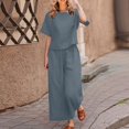 thumbnail image 2 of CHOK Ensemble 2 Pcs pour Femme en Lin, Haut Court à Manches Courtes, Ensemble de Détente Assorti et Pantalon Long, Survêtement Rose Vif G, 2 of 5