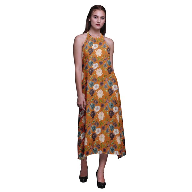 Bimba Robe de Plage d'Été pour Femmes à Imprimé Floral, Dos Nu, Col Licou - Grande