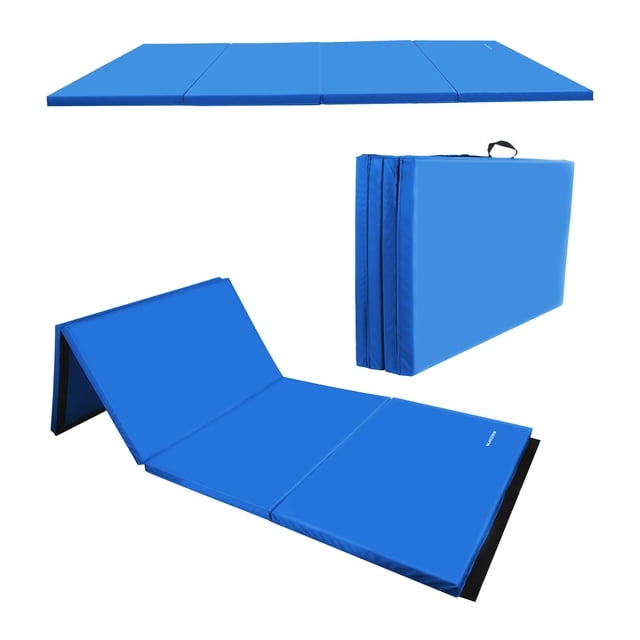 BalanceFrom 6ft x 4ft x 2in 4-Panel All-Purpose Folding Gymnastics Mat in blue, ideal for tumbling, yoga, Pilates, and martial arts. Features a durable vinyl surface, firm 2-inch padding for joint support, and hook-and-loop strips for connecting multiple mats. Folds compactly with built-in handles for easy transport and storage.