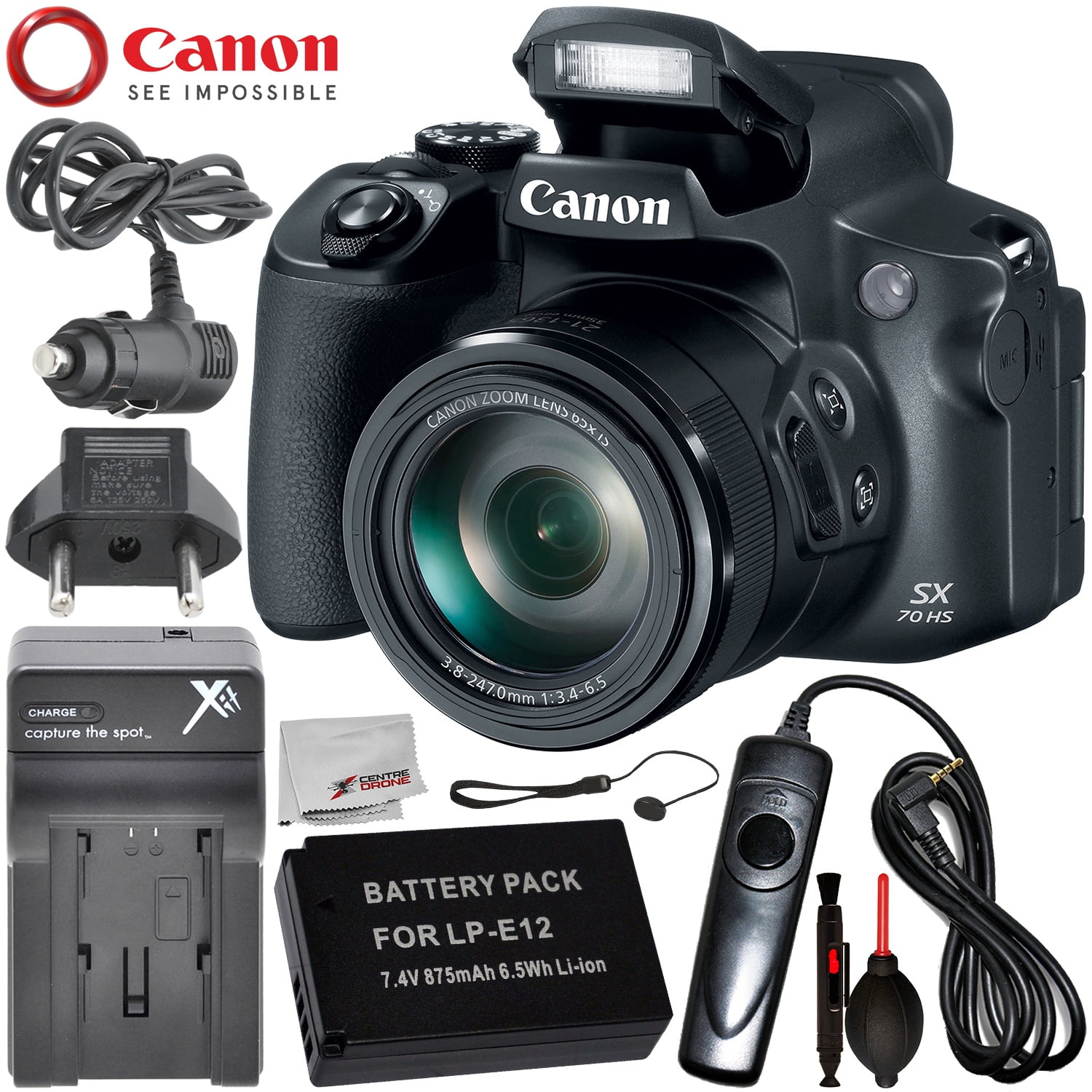 Canon PowerShot SX70 HS Digital Camera with Essential Accessory Bundle – Includes: Extended Life Replacement Battery (LP-E12) + AC/DC Rapid Home and Travel Charger + Wired Shutter Remote + MORE