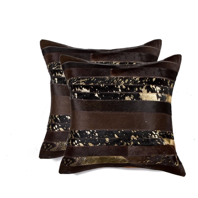 H-Natural Torino Madrid Cowhide 2-Pack Pillows with large square shape, crafted from 100% natural Indian cowhide featuring dark brown and black horizontal stripes with gold metallic accents, hand-stitched and fade-resistant with hidden zipper closure and ultra-soft microsuede backing, ideal for layering in home décor and often used as stylish floor cushions.