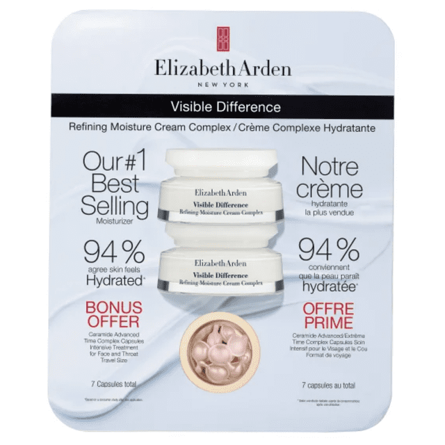 Elizabeth Arden Visible Difference Refining Moisture Cream, 2 x 75 mL value pack. The image shows two jars of the cream with the brand logo and product name prominently displayed on the packaging. The packaging highlights key features such as 94% of users reporting hydrated skin and a bonus offer of 7 Ceramide Advanced Time Complex Capsules for intensive face and throat treatment. The cream is suitable for all skin types and designed for deep hydration and texture refinement.