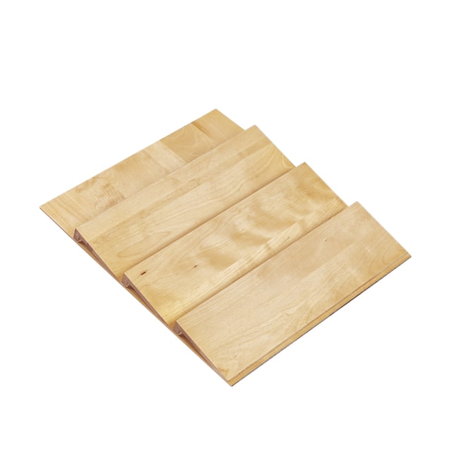 Rev-A-Shelf 16'' Kitchen Drawer Organizer Insert Spice Rack Three-Tier, 4SDI-18. A natural maple hardwood three-tiered spice drawer organizer designed for efficient kitchen storage. Customizable to fit various drawer sizes, with drop-in installation for easy organization of spices and small household items.