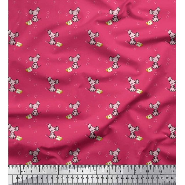 Soimoi Moss Georgette Fabric Footprint,Cheese & Rat Kids Print Sewing Fabric Yard 42 Inch Wide