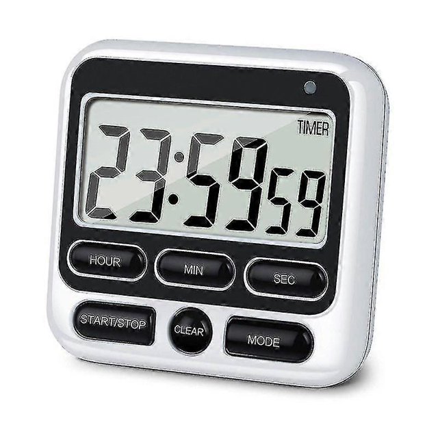 Kitchen Digital Timer with silent/loud alarm switch, a 24-hour clock, and alarm memory function. This versatile kitchen gadget features a large digital display showing 23:59:59, with buttons for hour, minute, second, start/stop, clear, and mode. Includes a magnetic back, telescopic bracket, and hook for easy placement on metal surfaces or hanging.