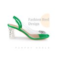 thumbnail image 3 of BLISSFUL STEP Women's Clear Slingback Rhinestone Peep Toe Block Heels Sandals Green (Size 9), 3 of 4