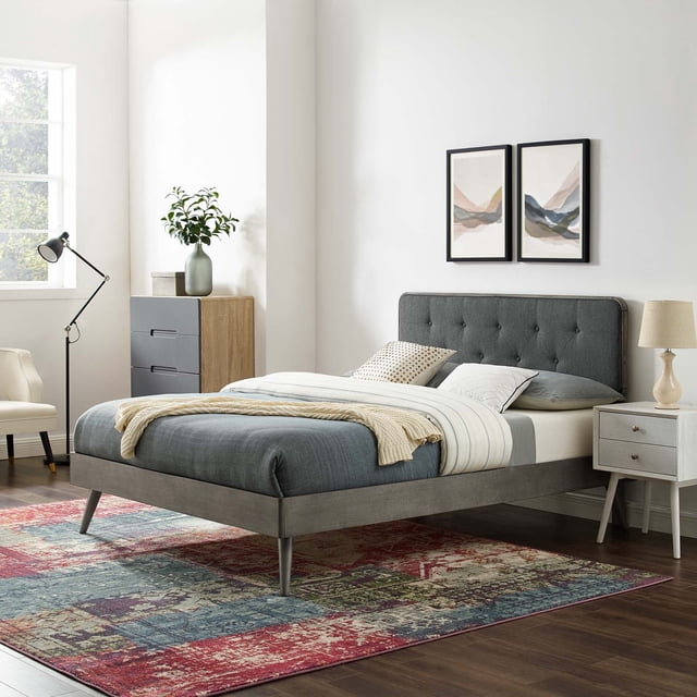 Modway Bridgette King Wood Platform Bed With Splayed Legs in Gray Charcoal