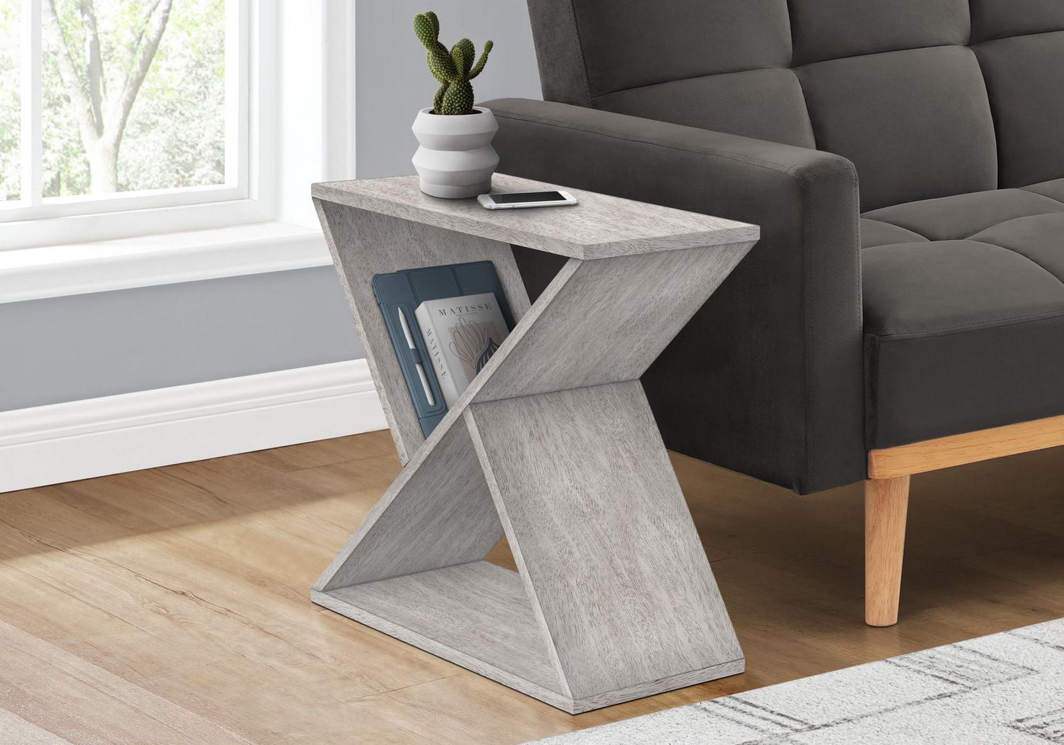 Monarch Specialties Table D'appoint, Coté, Bout, Table De Nuit, Étroit, Petit, Chambre À Coucher, Salon, Lampe, Placage Gris, Contemporain