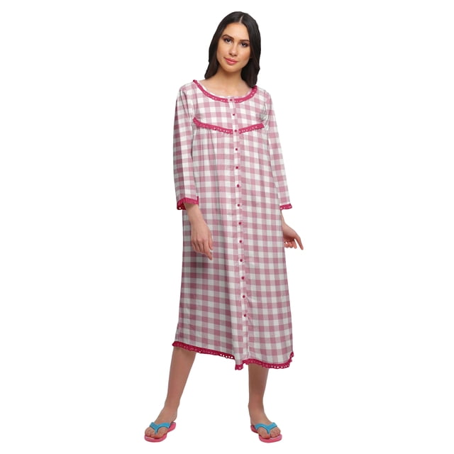 Moomaya Robe de Nuit Imprimée Longueur Genou en Coton avec Bordure en Dentelle Manches 3/4 pour Femmes